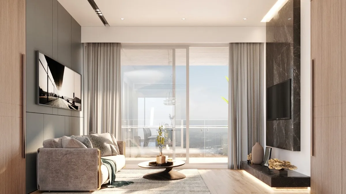 Salon nowoczesnego apartamentu z widokiem na wodę i wyjściem na balkon