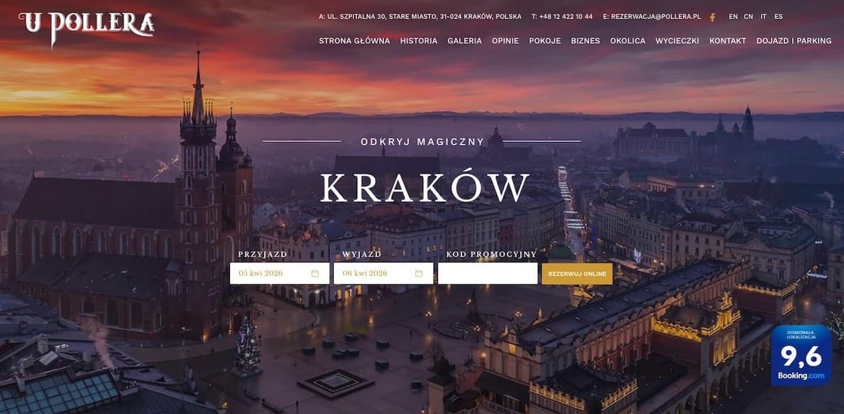 Strona główna Hotel Pollera z widokiem na Kraków i widgetem rezerwacyjnym