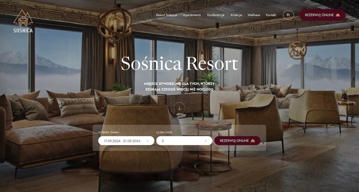 Strona główna Sośnica Resort and SPA z widokiem na Tatry i widgetem rezerwacyjnym